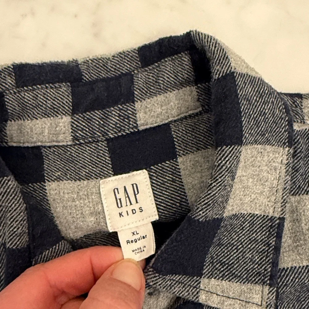 GAP Boys XL Blue Gray Plaid Flannel Shirt Missing Buttons
